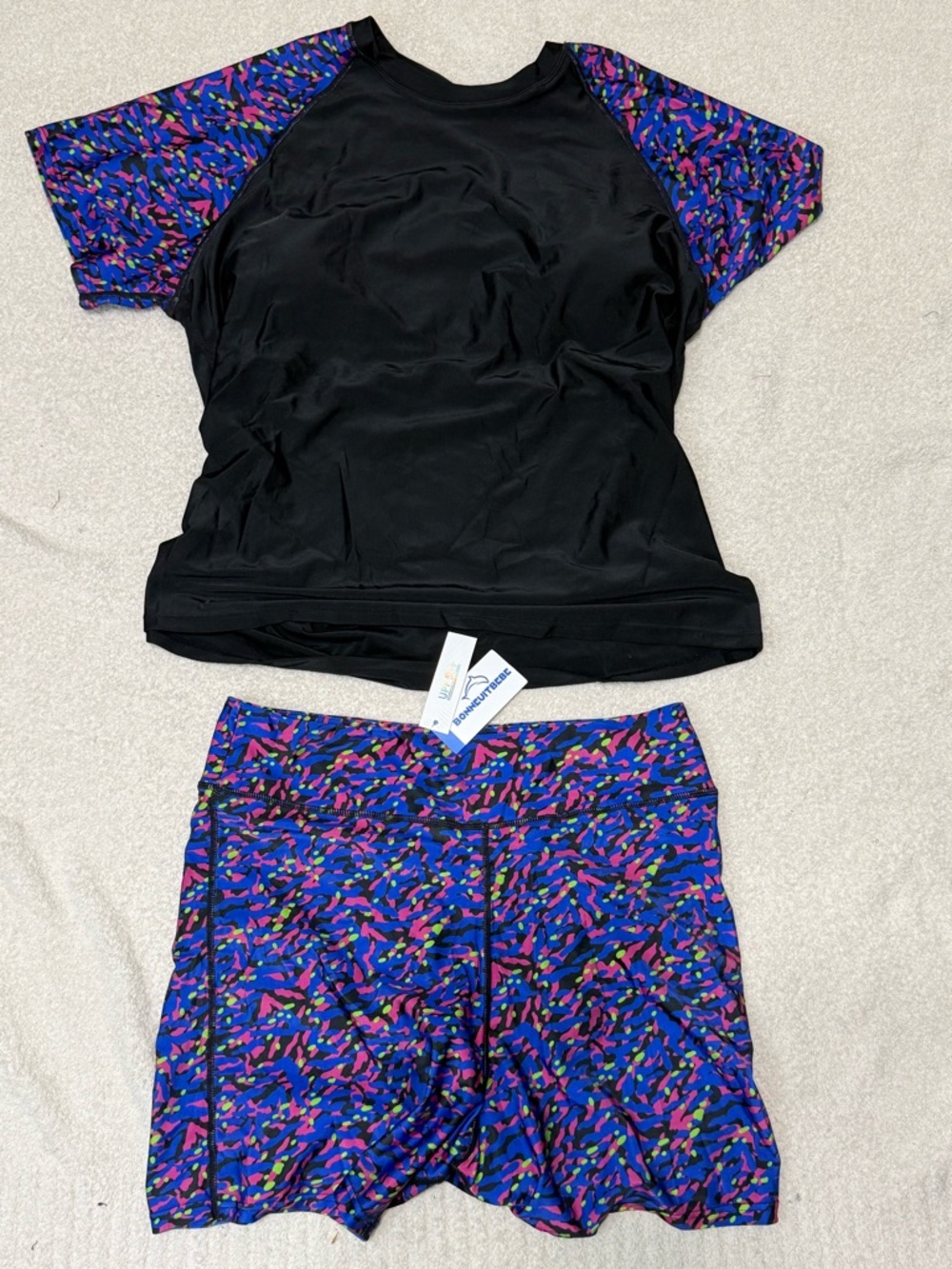 Women’s Black Rash Guard Set with Blue-Purple Patterned Shorts